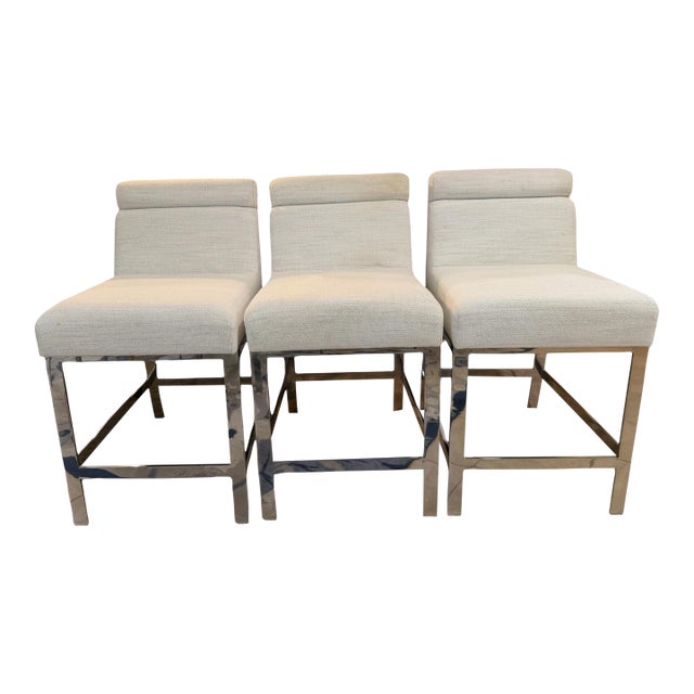 Bernhardt Chrome & White Bouclé Counter Stools - Set of 3 (2023) For Sale
