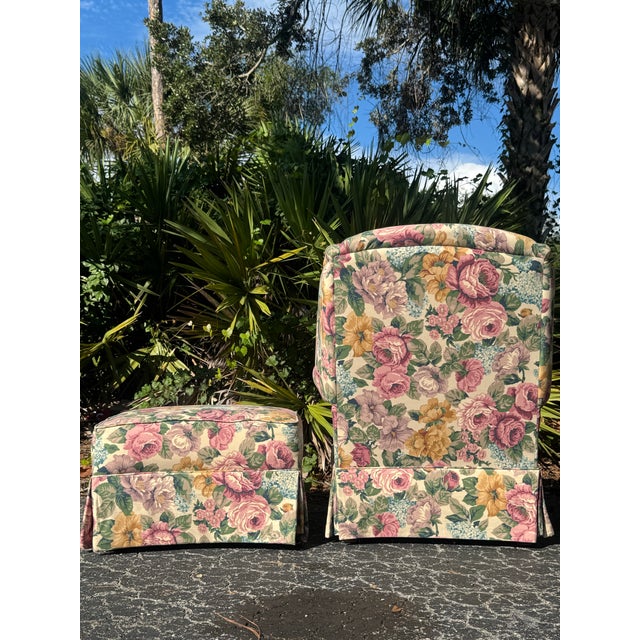 A gorgeous vintage Hickory Hill Furniture upholstered armchair and matching ottoman, featuring an exceptionally beautiful...