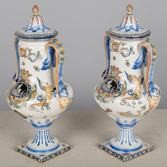 19th Century Pair of 19th Century French Gien Faience Urns For Sale - Image 5 of 15