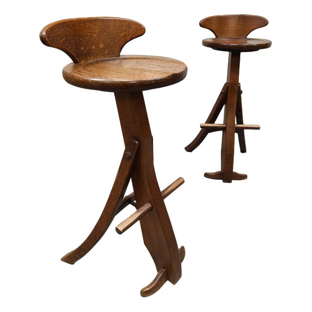 Vintage Brutalist Wooden Bar Stools, 1960s For Sale