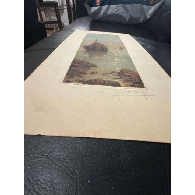 1930s Antique Marcel Augis Signed Aquatint Etching – Moonlit Harbor Sailing Ship – SZL Blindstamp, French Marine C. 1910–1935 For Sale - Image 5 of 11