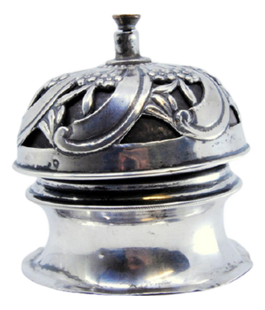 Spiral Silver Bell with Cut-Out, Floral Motifs and Interior Mechanism