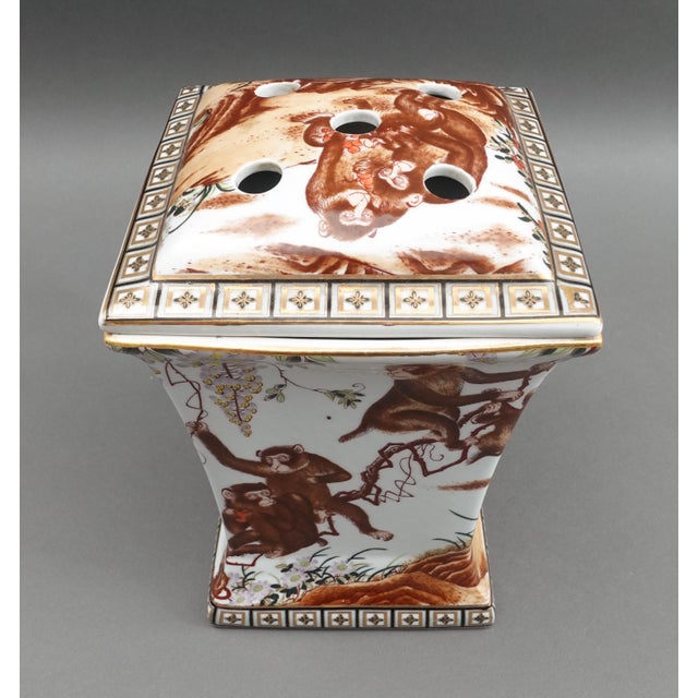 Gold Mid 20th Century Chinese Hand Painted Monkey Gold Handled Porcelain Bough Pot Vase For Sale - Image 8 of 11