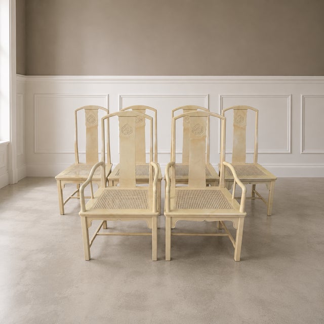 Vintage Late 1970s Set of 6 Henredon Chinoiserie Dining Chairs – Cream Lacquer, Cane Seats, Custom Cushions For Sale In Boston - Image 6 of 14