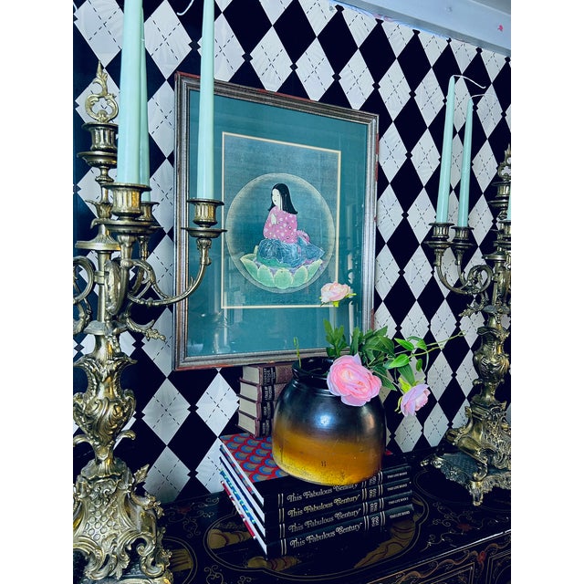 1980s Large Japanese Chigo Daishi Buddhist Framed Print With Lotus, 23" For Sale - Image 9 of 9