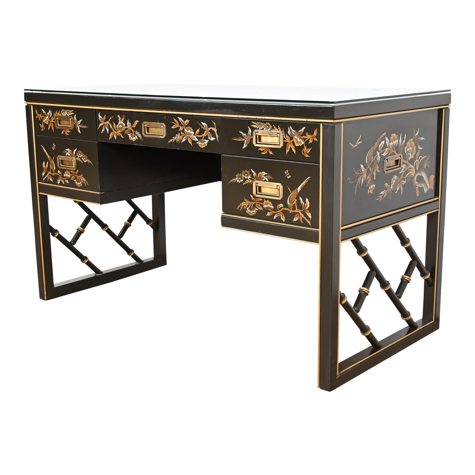 Chinoiserie Hollywood Regency Campaign Black Lacquered Writing Desk by