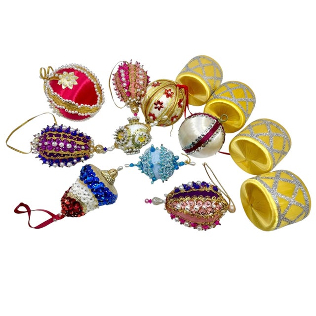 Mid-Century Modern Vintage Bedazzled and Beaded Christmas Ornaments - a Set of 13 Pieces For Sale - Image 3 of 12