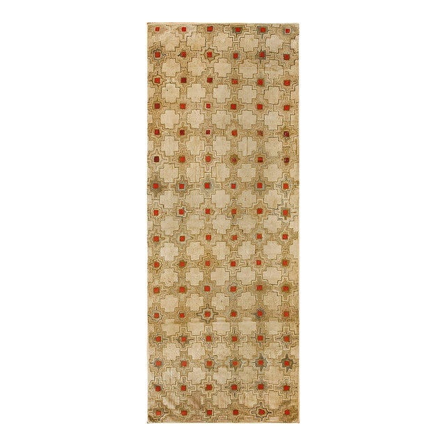 1900s Brown Geometric Folk Art Antique American Hooked Rug 4' X 10' 10" Handknotted Wool Carpet For Sale