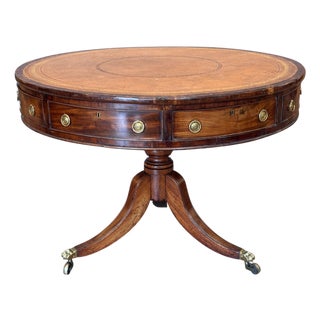 Early 19th Century English Mahogany Drum Table With Tooled Leather Top For Sale