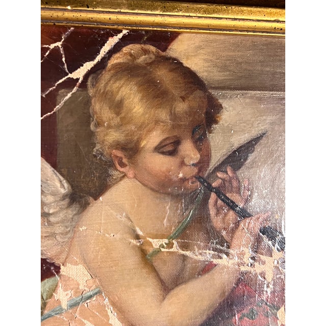 19th Century French Rococo Oil on Canvas Cherub Painting in Parcel Gilt Frame For Sale - Image 4 of 12