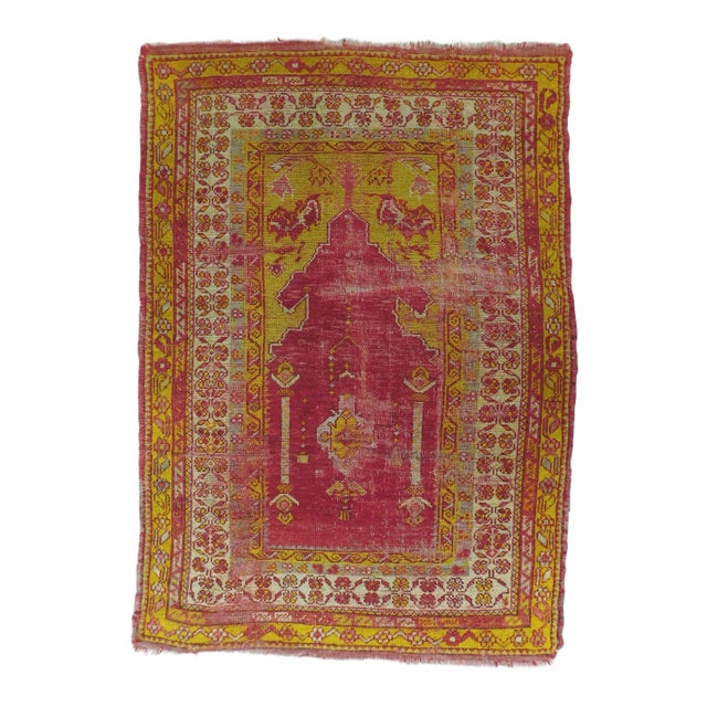Antique Hand Knotted Turkish Prayer Rug 3'5"x 4'9" For Sale