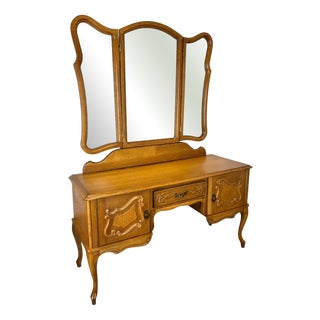 Vintage French Dressing Table with Mirror in Oak For Sale