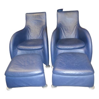 Vintage Pair Gerard Van Den Berg Montis Blue Leather Loge Easy / Lounge Chairs & Footstools For Sale
