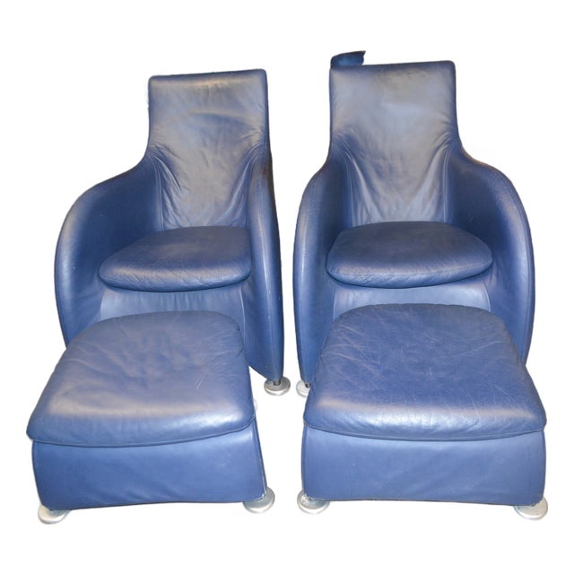 Vintage Pair Gerard Van Den Berg Montis Blue Leather Loge Easy / Lounge Chairs & Footstools For Sale