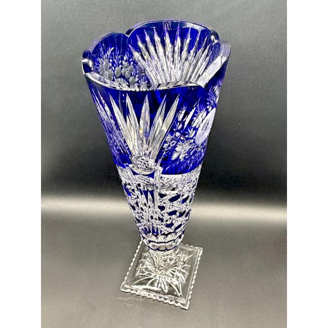 Vintage Crystal Cobalt Blue Overlay Cut Crystal Vase from Meissen, 1960s For Sale - Image 16 of 18