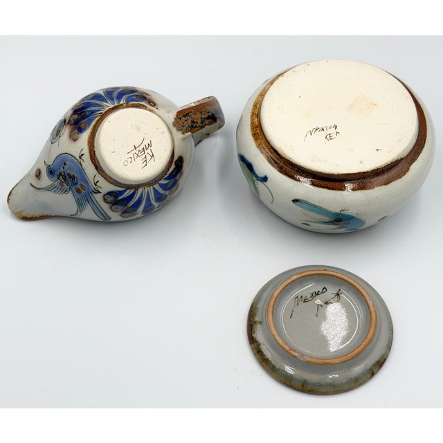 Ceramic 1960s Ken Edwards El Palomar Folk Art Tonala Pottery 2pc Set Covered Sugar Bowl and Creamer For Sale - Image 7 of 11