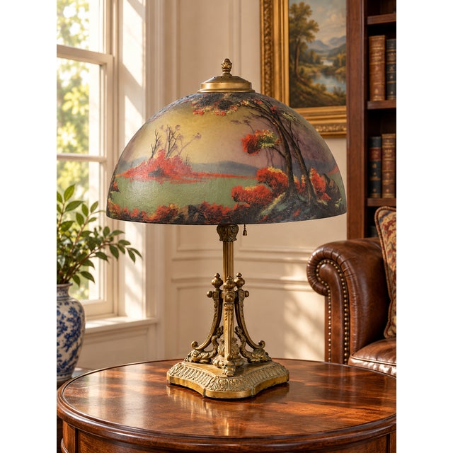 This stunning Antique Phoenix School Arts and Crafts Reverse Painted Lamp by Pittsburgh, c. 1920, features a beautifully...