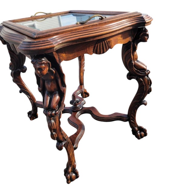 Brown 1920 Ornate Carved Angel Display Table With Glass Top and Sculptural Legs For Sale - Image 8 of 18