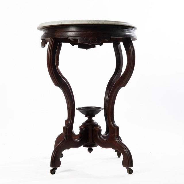 Oval Victorian Walnut Marble Top Table For Sale - Image 10 of 17