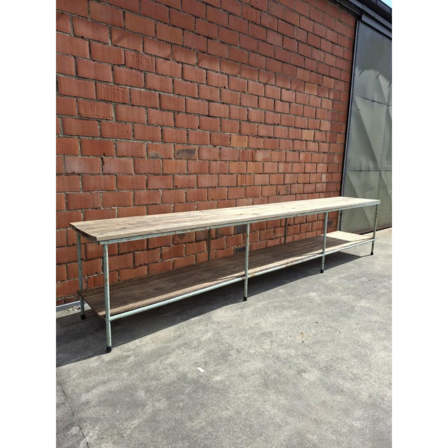 Turquoise Industrial Workbench in Metal and Wood For Sale - Image 8 of 11