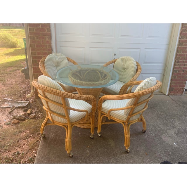 Art Deco Vintage Set of 5 Pieces Bamboos and Rattan Dining Room Table and Chairs For Sale - Image 3 of 8