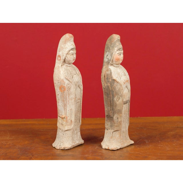 Asian Mid 20th Century Chinese Qing Dynasty Small Hand Painted Terracotta Statues - a Pair For Sale - Image 3 of 13