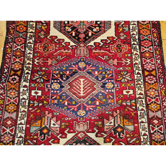 Antique Persian Heriz Karajeh Runner, Hand-Knotted Wool, Geometric Medallion Pattern, Red & Navy, 4x14 For Sale - Image 4 of 18