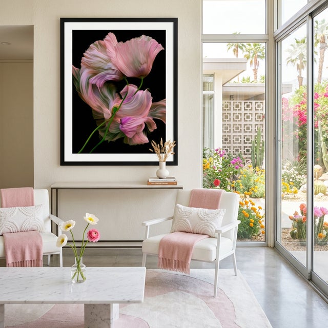 An ethereal composition of swirling petals in blush pink, lavender, and soft green, gracefully unfolding against a deep...