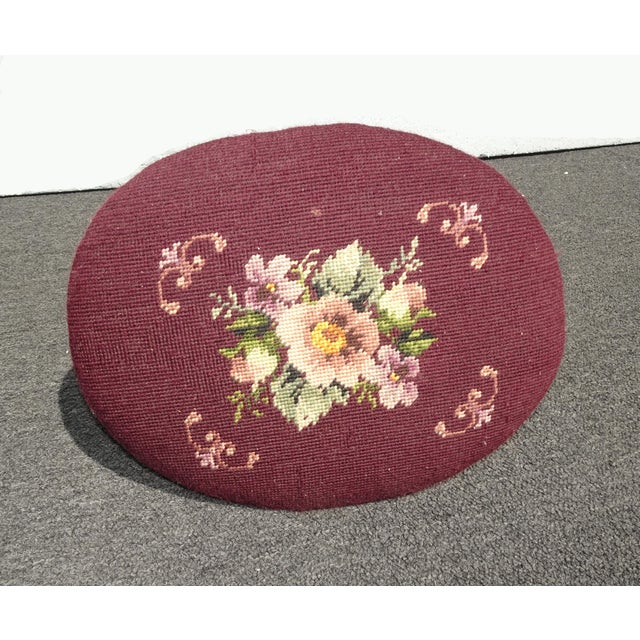 Footstool - Vintage Victorian Style Burgundy Oval Floral Needlepoint Footstool For Sale In Los Angeles - Image 6 of 15