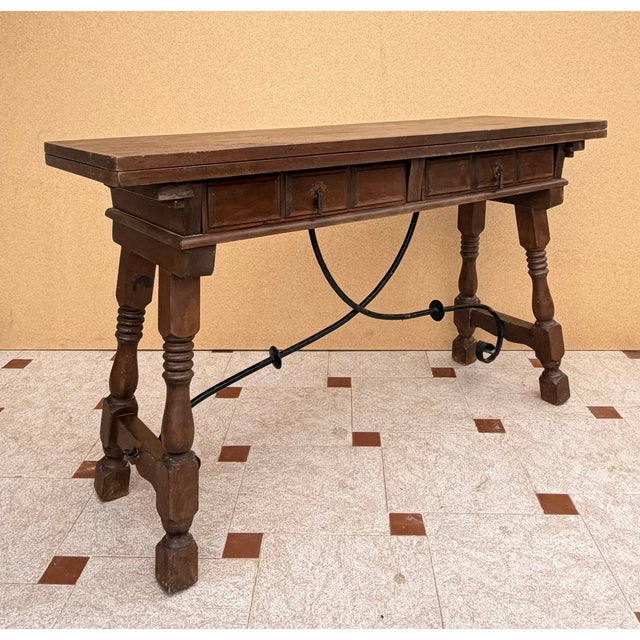 Spanish Drop-Leaf Console Table With Iron Stretchers, 1940s For Sale - Image 6 of 11