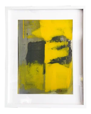 "Static 408" Contemporary Abstract Yellow Mixed-Media Painting, Framed