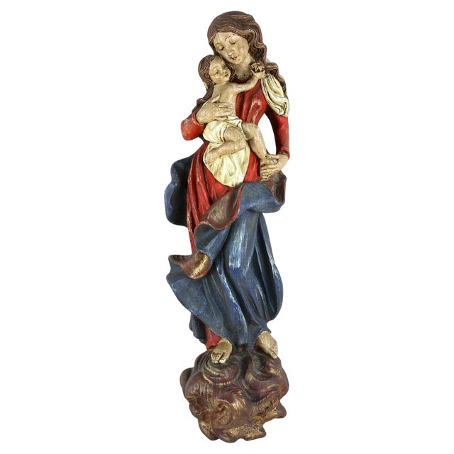 Antique Polychrome Virgin and Child Wall Sculpture, 1760 For Sale