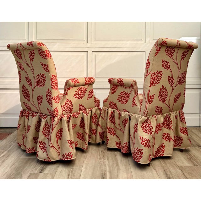Pair of Vintage Skirted Swan Arm Chairs With Red Embroidered Textile For Sale - Image 11 of 15