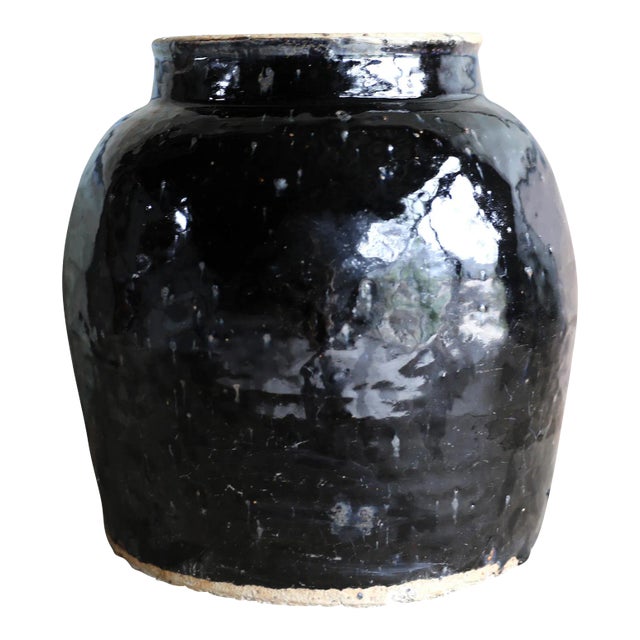 2010s Large Black Glaze Oil Pot For Sale