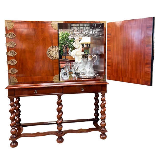 Wood Campaign-Style Dry Bar Cabinet on Barley Twist Sculptural Base For Sale - Image 7 of 16