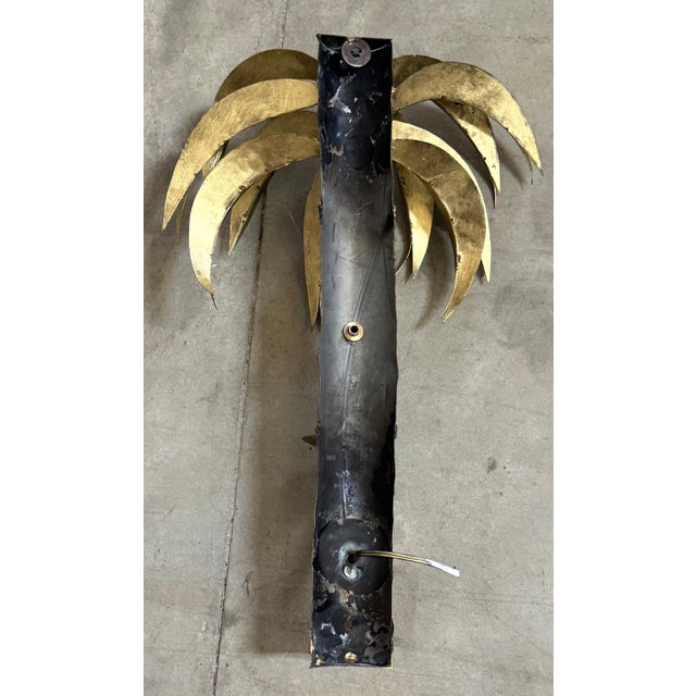 French Pair Jansen Style French Gilt Tôle Palm Tree Two-Light Wall Sconces, Circa 1960s For Sale - Image 3 of 11