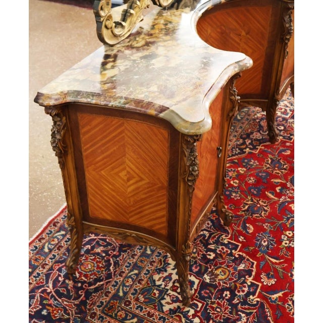French Louis XV Style Walnut and Satinwood Inlaid Marble Top Vanity Circa 1920's For Sale In New York - Image 6 of 14