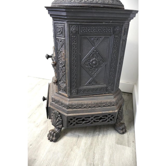Antique European Ornate Cast Iron Parlor Stove Heater With Urn Finial & Paw Feet, C. 1890 For Sale - Image 11 of 12