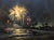 The artwork captures a vibrant fireworks display reflected on a tranquil body of water, blending bursts of gold and pink...