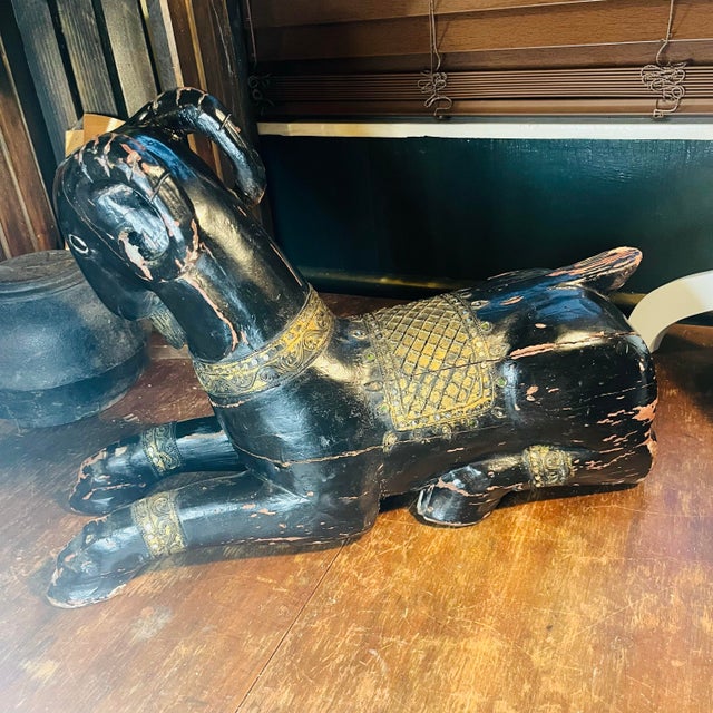 Traditional Vintage Hand Carved Wood Ram Statue Black Gold For Sale - Image 3 of 12