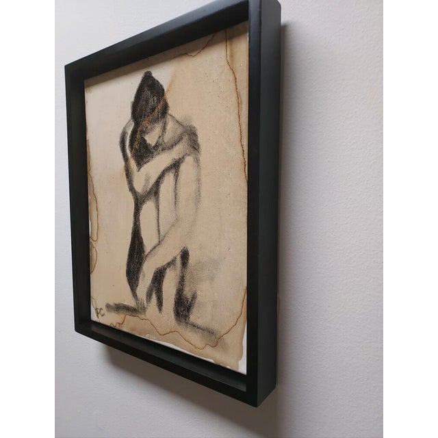 Pat Clay "Huddled Woman" Original Charcoal & Coffee Wash on Canvas – 2026 For Sale - Image 4 of 9