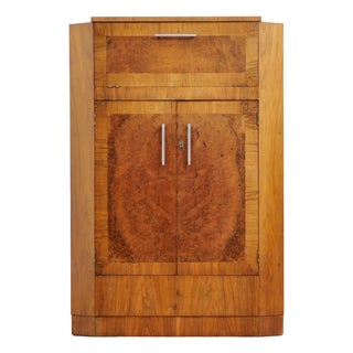 1950s English Walnut & Burl Dry Bar Liquor Cabinet For Sale