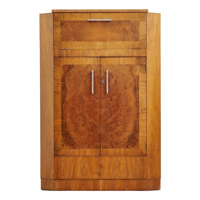 1950s English Walnut & Burl Dry Bar Liquor Cabinet For Sale