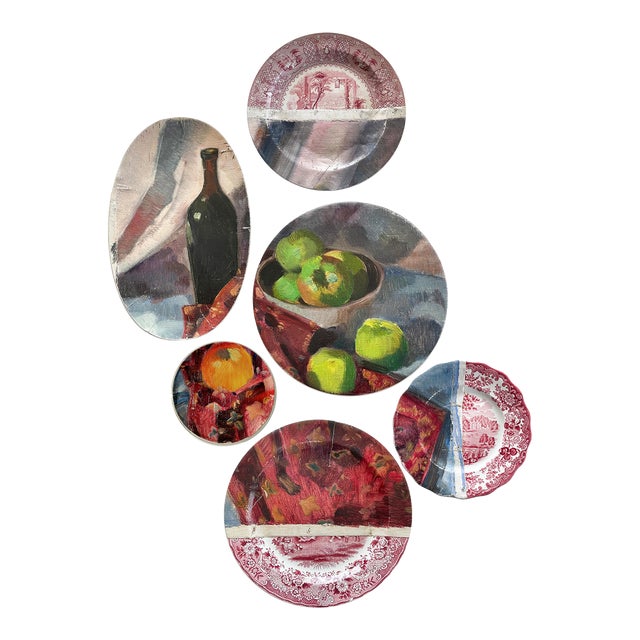 Contemporary Installation of Ceramic Plates and Oil on Canvas - "Still Life With Green Apples" - Set of 6 For Sale
