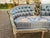 1950s French Louis XVI Gilt Beech Blue Damask Settee For Sale - Image 9 of 18