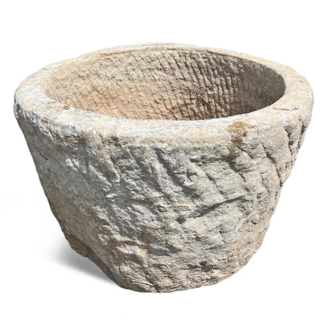 Old vintage solid stone large round bowl from India. Rustic rough texture. Wonderful for outdoor or indoor use / display....