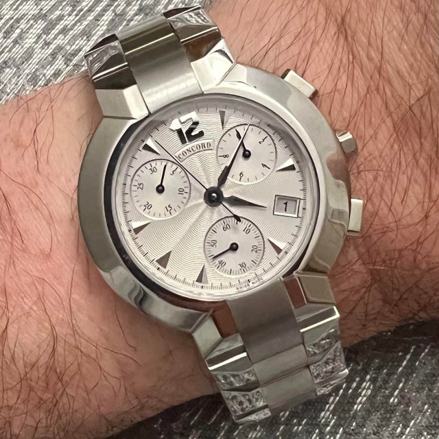 Abstract 1990s Concord La Scala Chronograph Watch Stainless Steel 38 Mm For Sale - Image 3 of 8