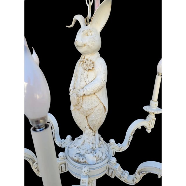 Currey & Company Rare Vintage Solid Wood Carved Distressed White Peter Rabbit 6 Arm Greek Key Chandelier For Sale - Image 4 of 11