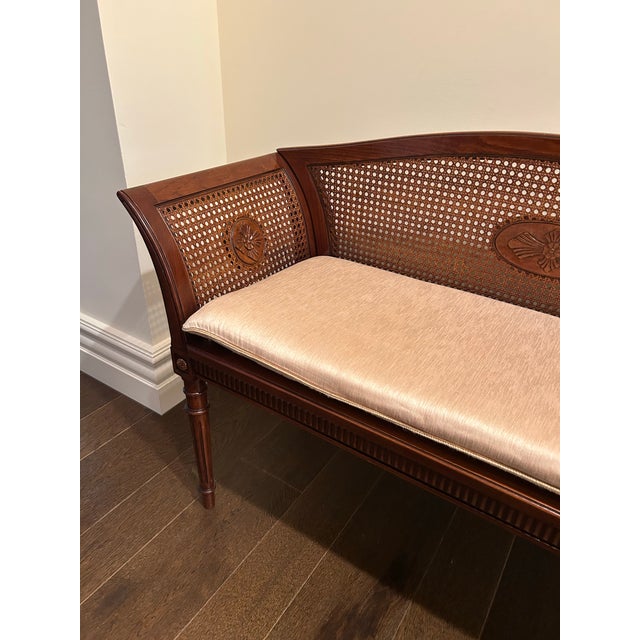Heredia Wood Cane Bench With Upholstered Seat – Carved Frame Neoclassical Design For Sale - Image 4 of 5