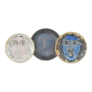 Vintage Glazed Ceramic Plates "Faces" by Mario Villa (Nicaraguan/Louisiana,1953-2021)- Set of 3